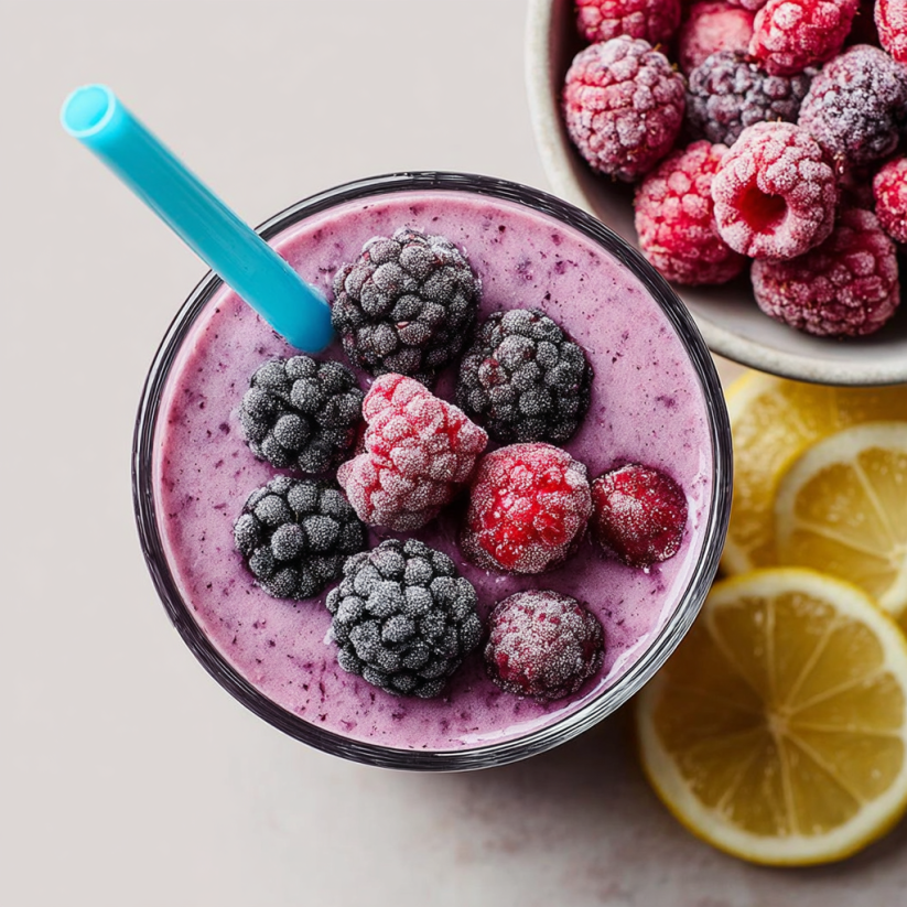 A glass of a 46g protein smoothie with blueberries and raspberries.