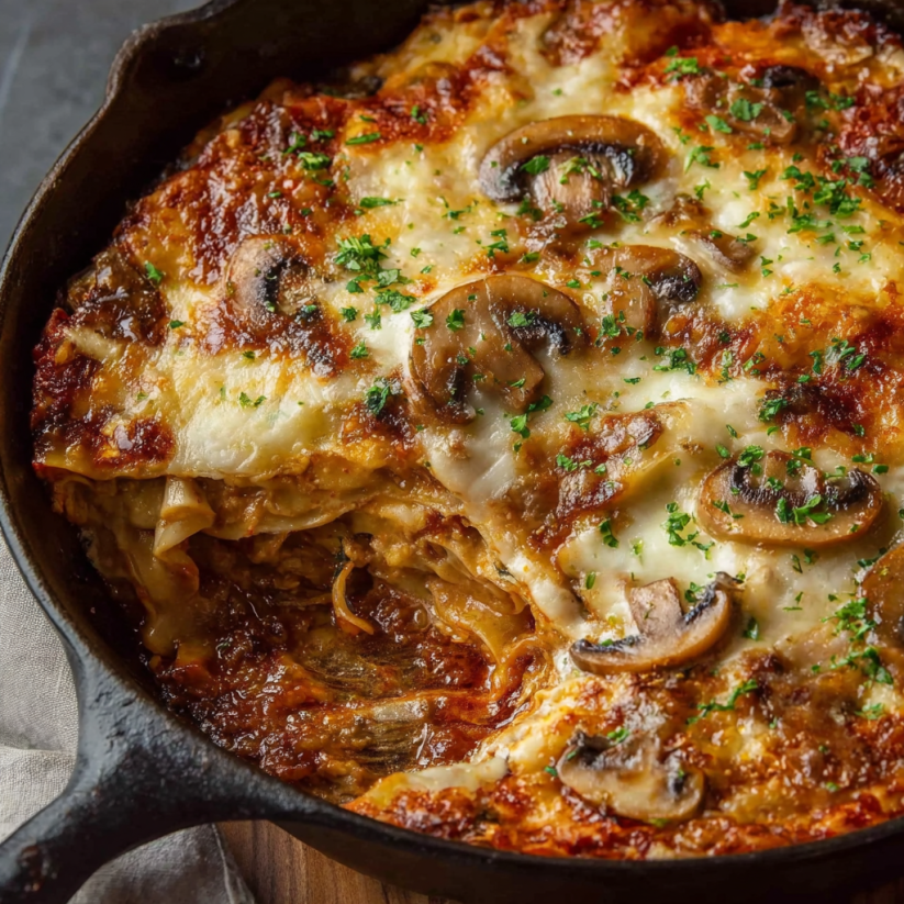 A French Onion Potato Bake in a black pan.