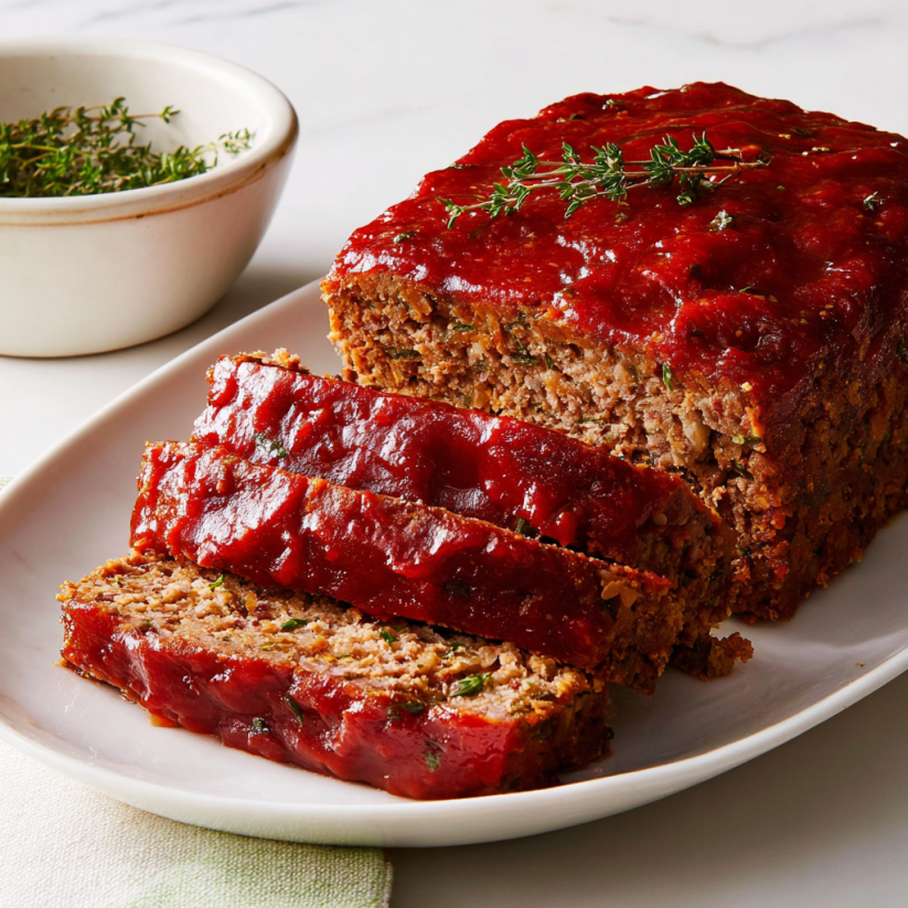 A plate of meatloaf with a bowl of herbs next to it.