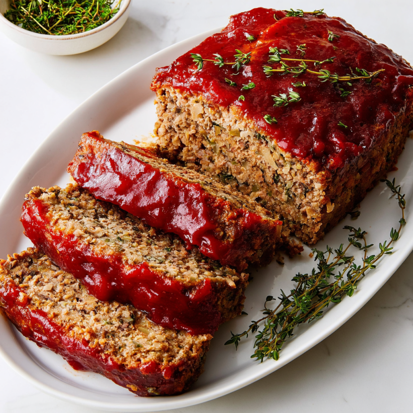 A slice of meatloaf with a red sauce.