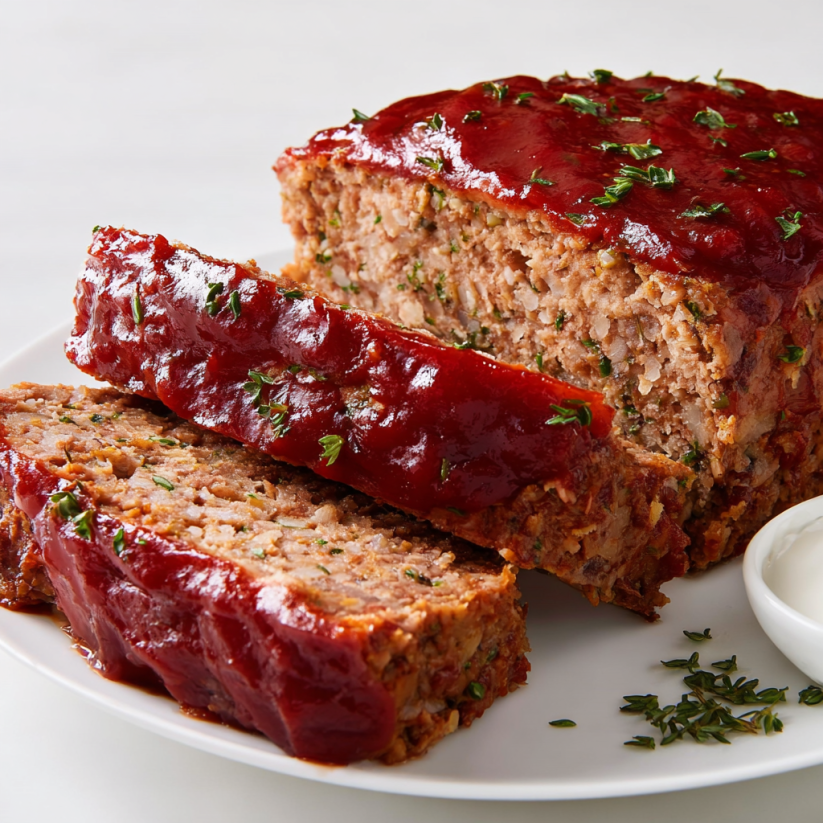 A slice of meatloaf on a plate.