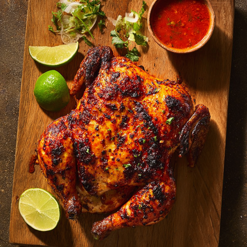 A chicken with a spicy sauce on a wooden cutting board.
