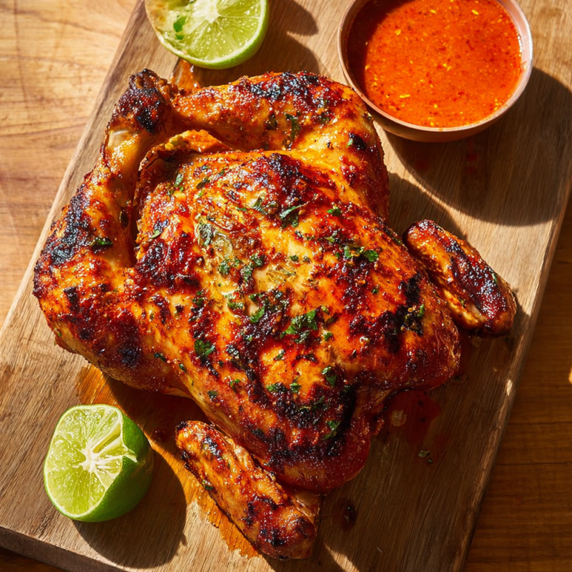 A chicken with a spicy sauce on a wooden cutting board.