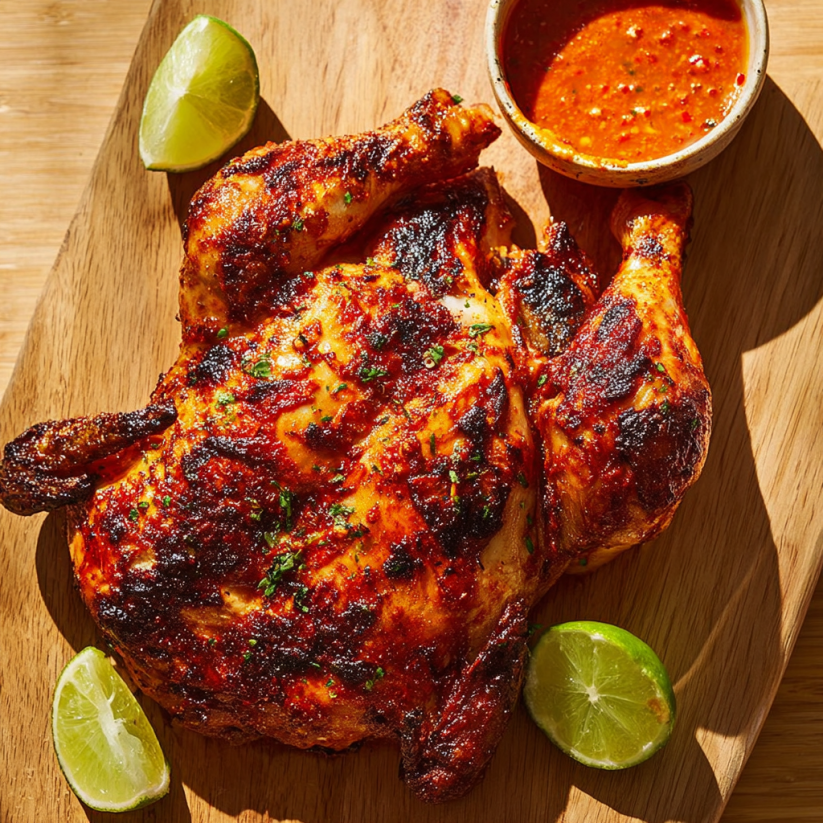 A chicken with a spicy sauce on a wooden cutting board.