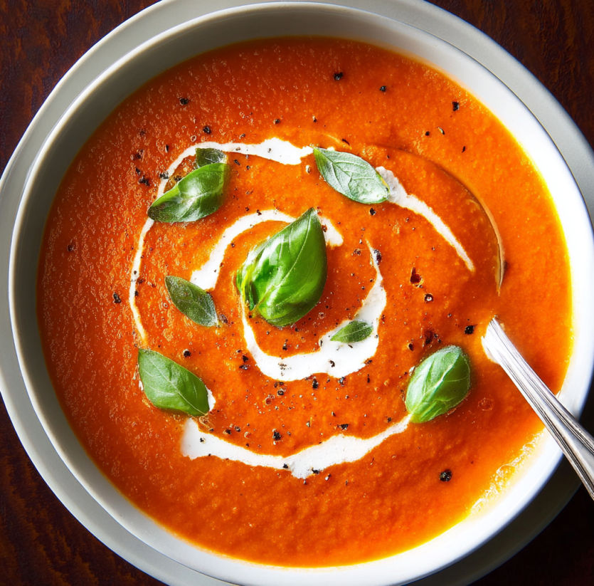 A bowl of soup with a spoon in it.