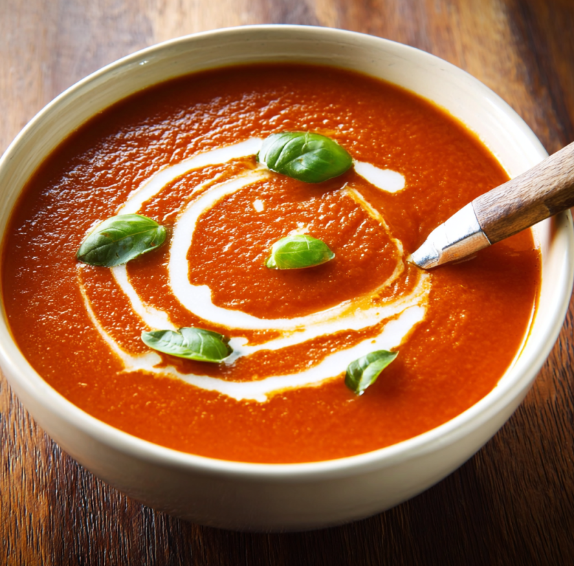 A bowl of soup with a spoon in it.