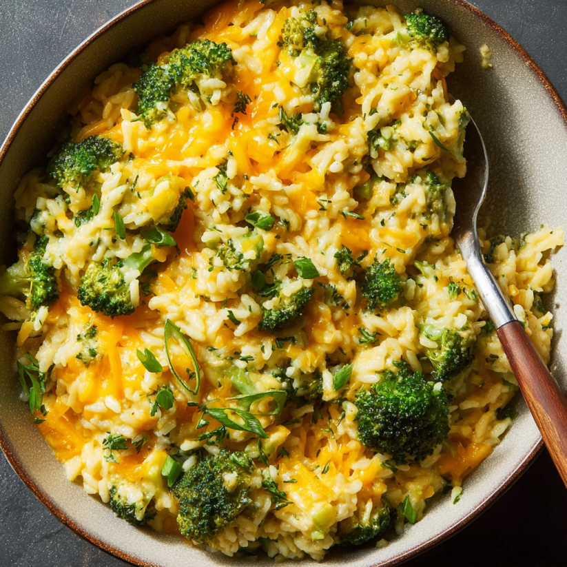 A bowl of rice, broccoli and cheese.