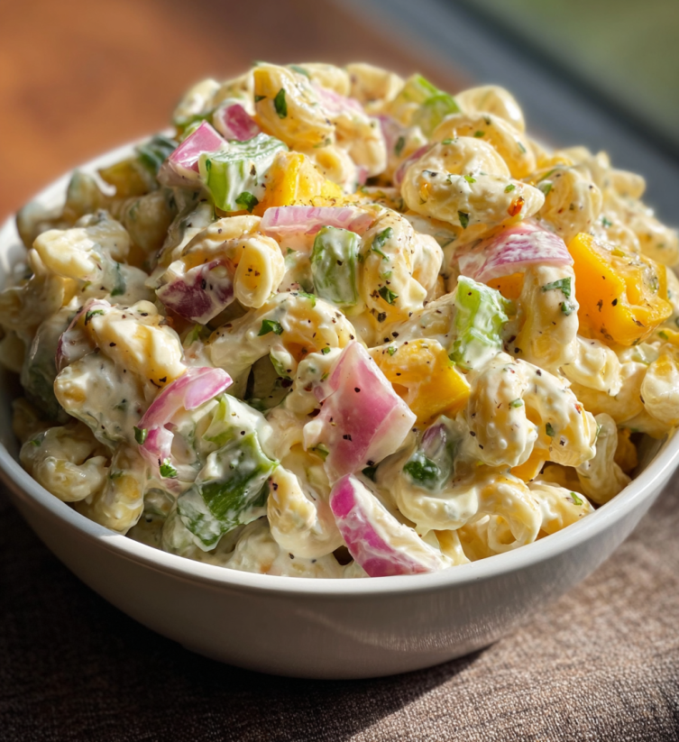 A bowl of macaroni salad with a variety of vegetables.