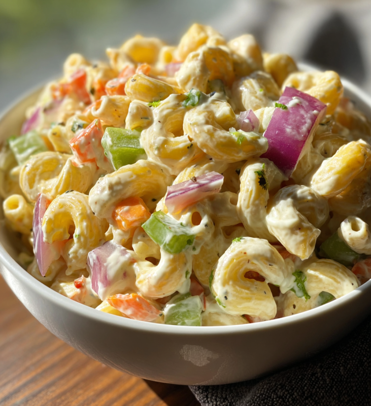 A bowl of macaroni salad with vegetables.