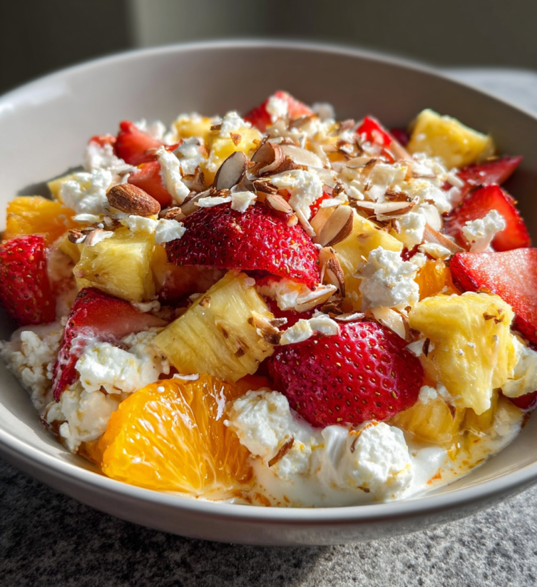 A bowl of fruit salad with strawberries, oranges, and pineapple.