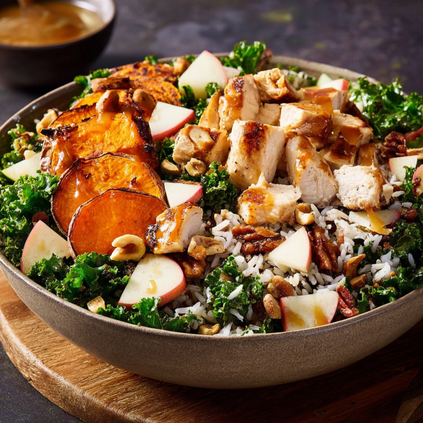 A bowl of food with rice, chicken, and vegetables.