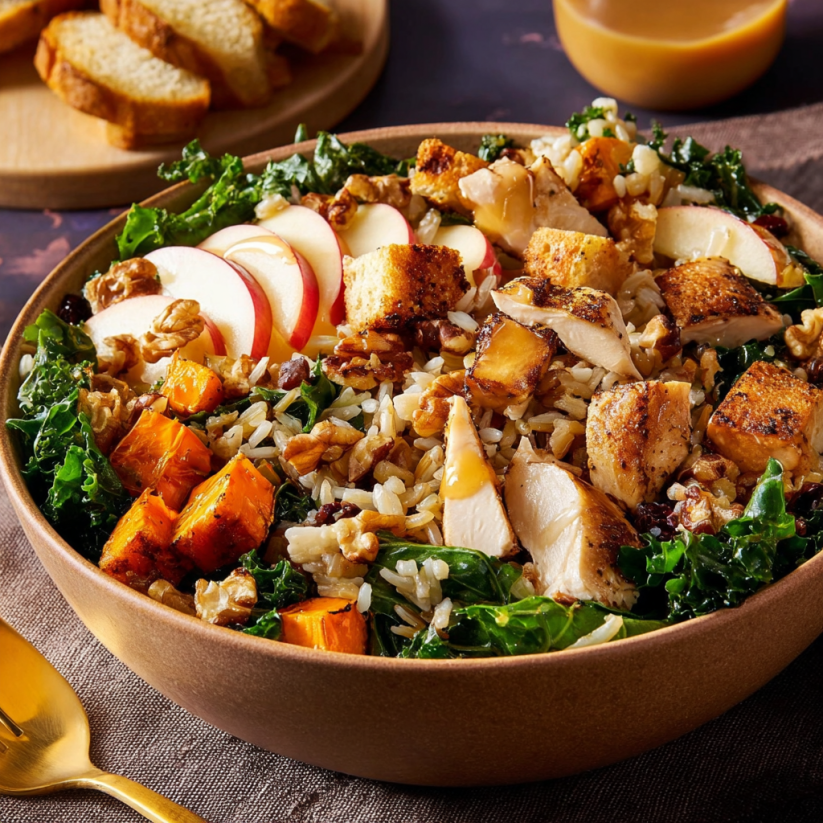 A bowl of food with rice, chicken, and vegetables.
