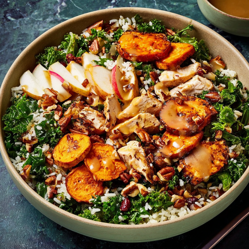 A bowl of food with a variety of ingredients.