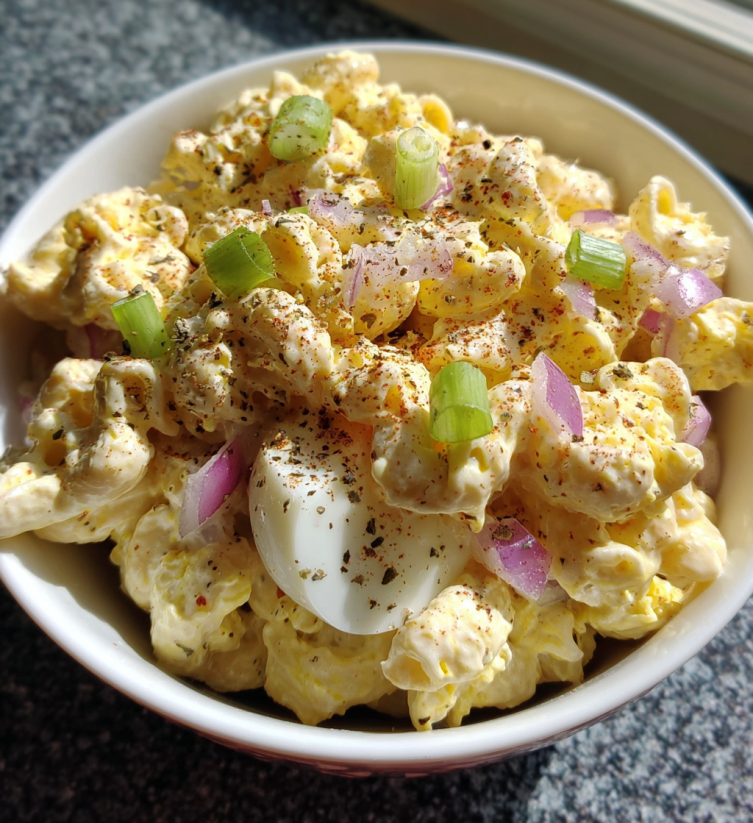 A bowl of macaroni salad with eggs and onions.
