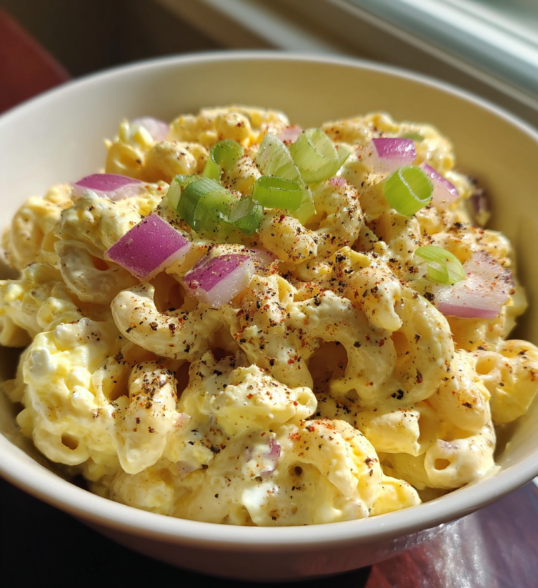 A bowl of macaroni salad with onions and peppers.