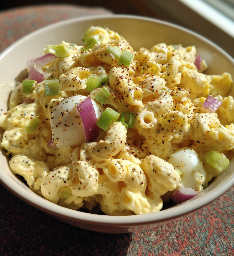 A bowl of macaroni salad with onions and peppers.