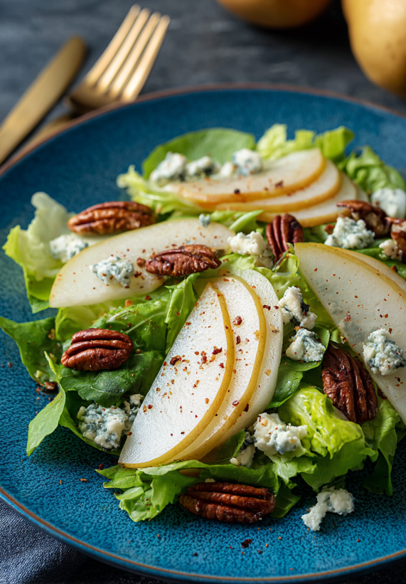 A salad with blue cheese and pear.