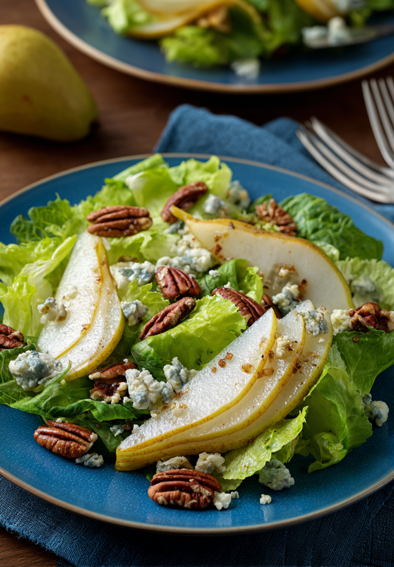 A salad with pear, blue cheese, and walnuts.