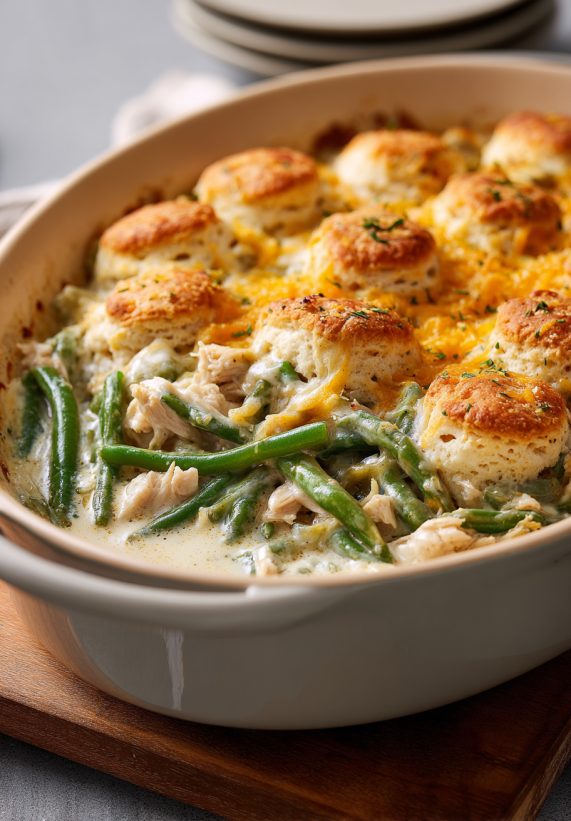 A cheesy green bean casserole in a bowl.