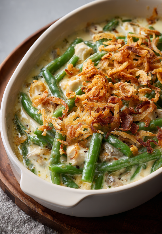 A close up of a cheesy green bean casserole.