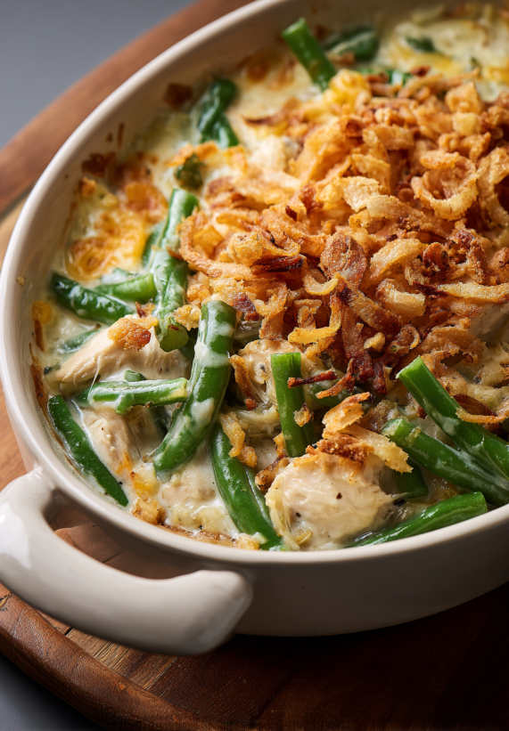 A bowl of green bean casserole with cheese and onions.