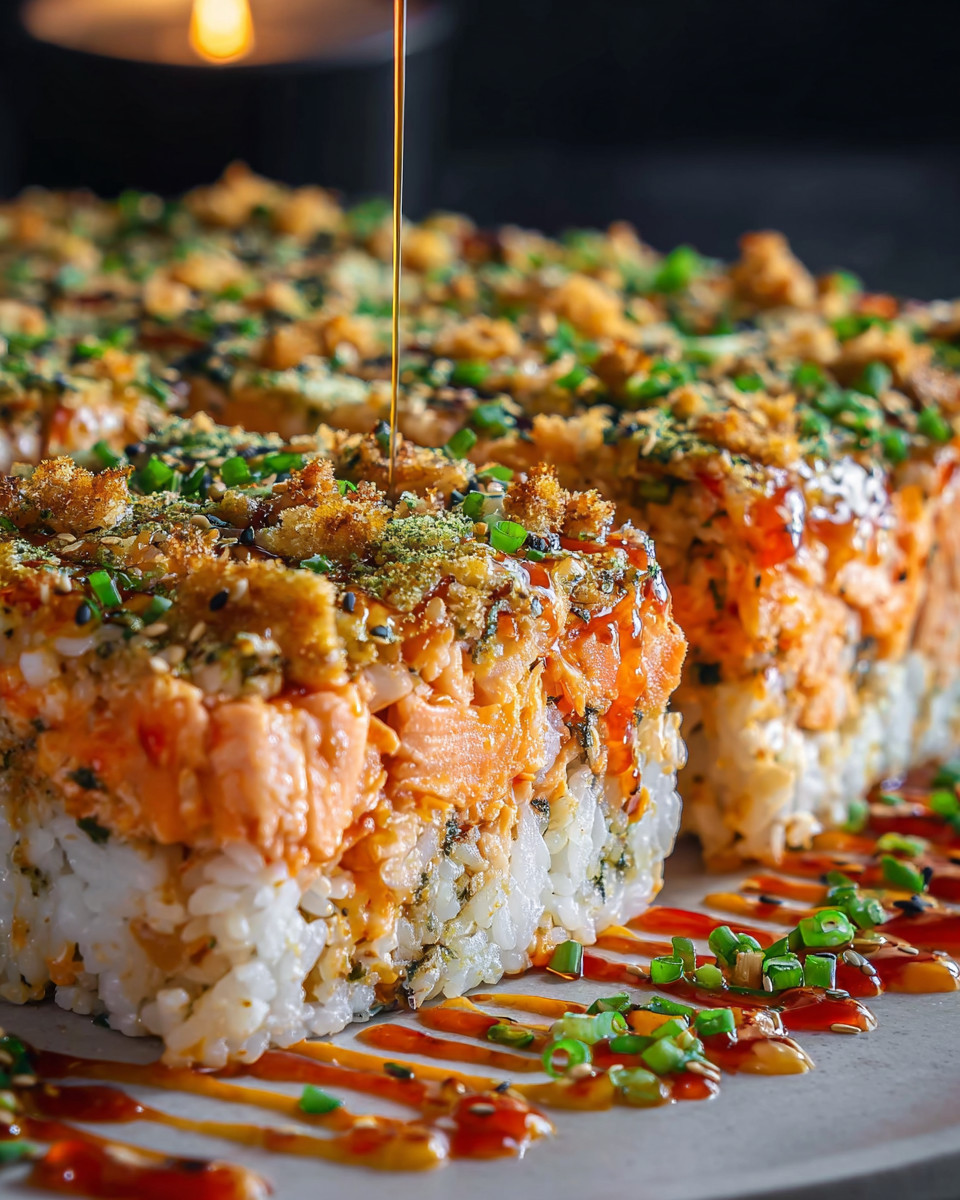 A close up of a salmon sushi bake with drizzled sauce.