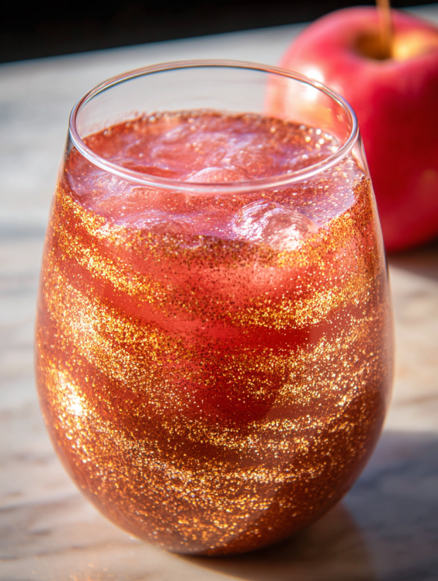 A glass of red liquid with gold glitter in it.