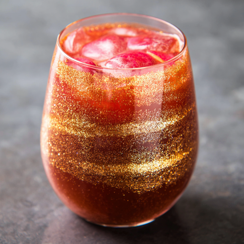 A glass of wine with gold glitter in it.