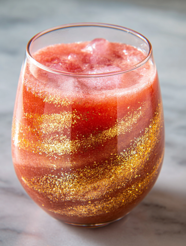 A glass of red drink with gold flakes.