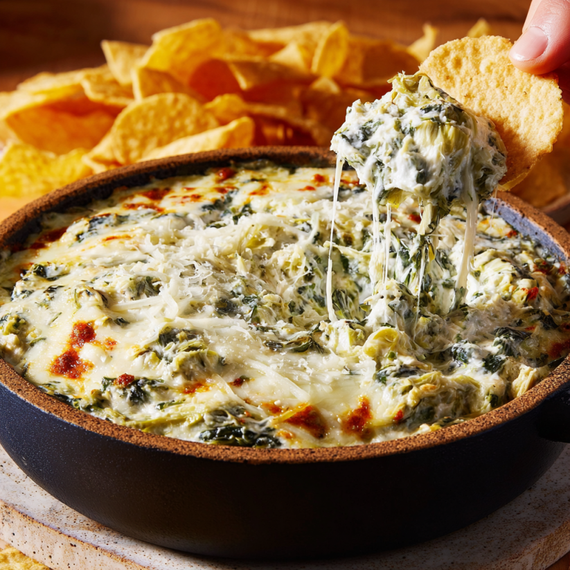 A person is dipping a chip into a spinach artichoke dip.