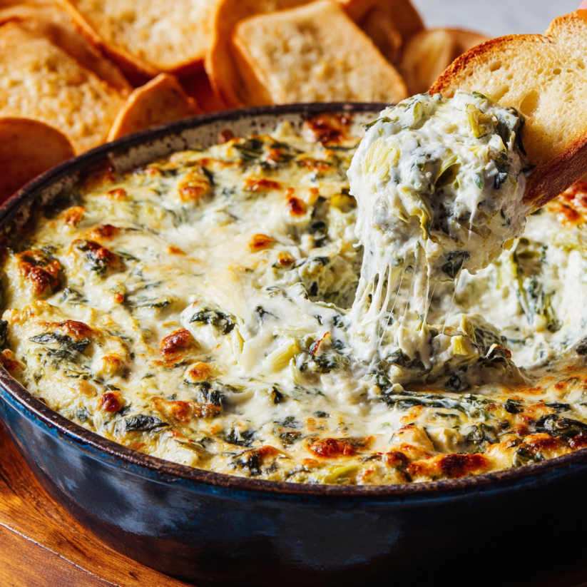 A bowl of spinach artichoke dip with a spoon in it.