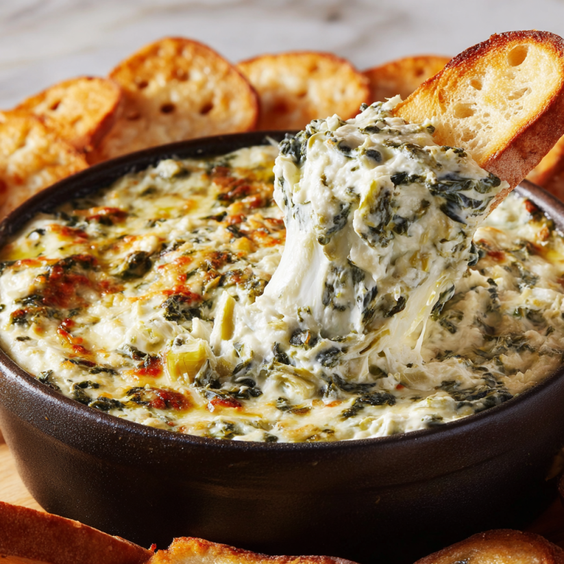 A bowl of spinach artichoke dip with a spoon in it.