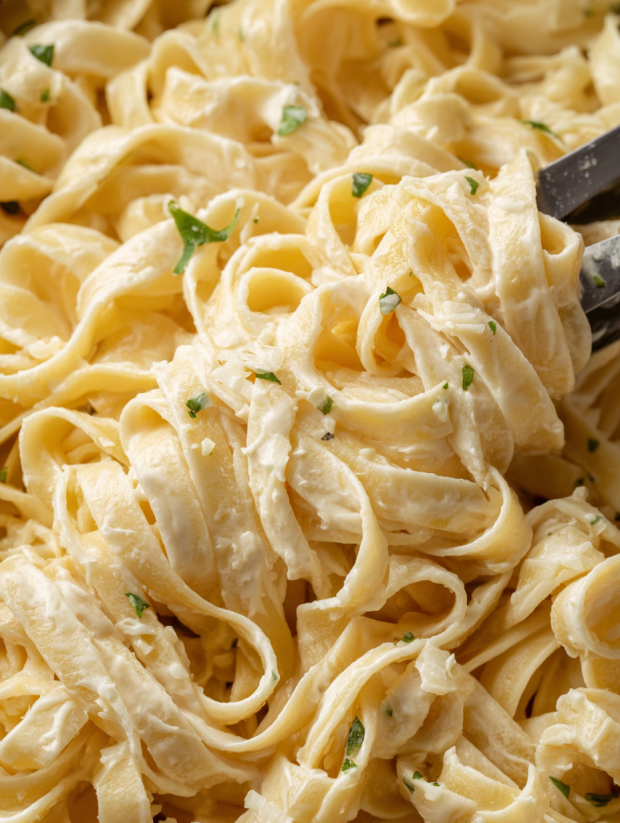 A close up of a plate of fettuccine alfredo.