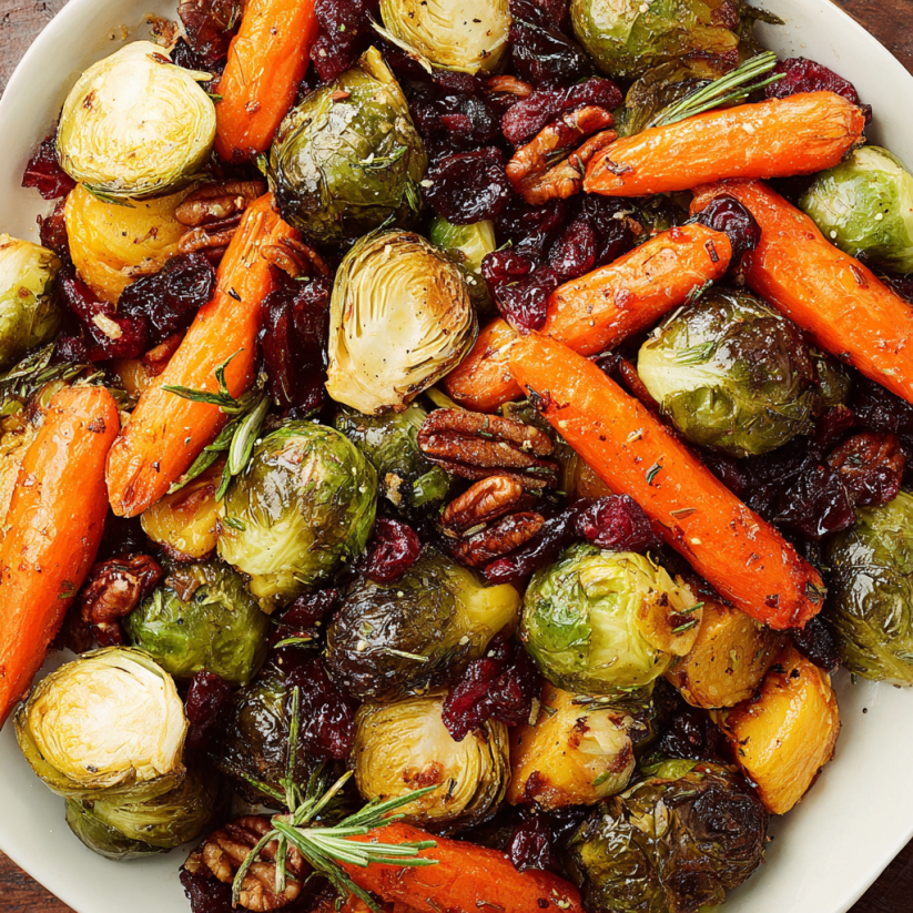 A plate of roasted vegetables.