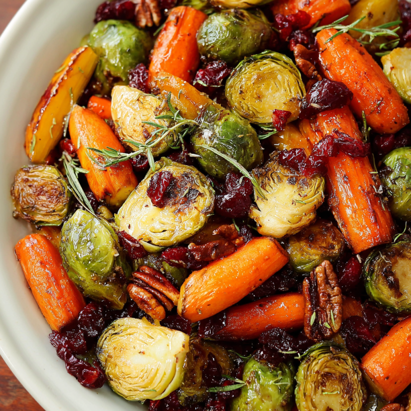A bowl of roasted vegetables with carrots, brussels sprouts, and other vegetables.