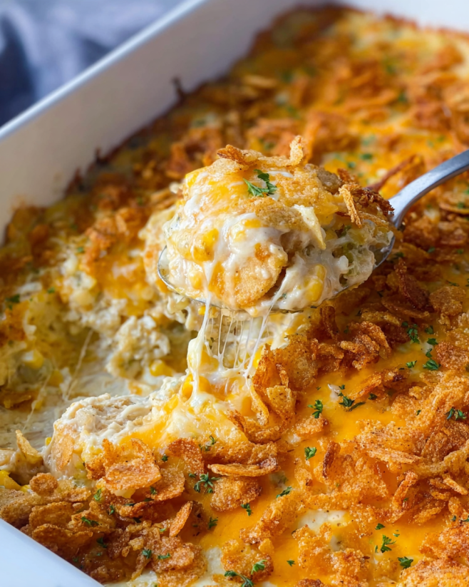 A spoon is in a bowl of chicken casserole.