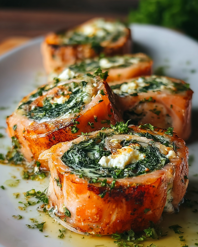 Spinach and feta stuffed salmon pinwheels.