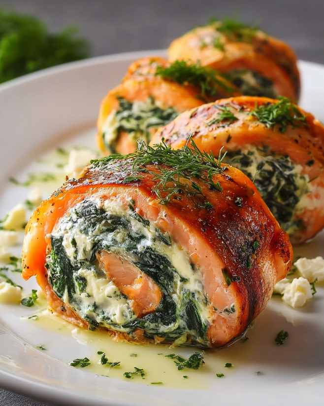 Spinach and feta stuffed salmon pinwheels on a white plate.