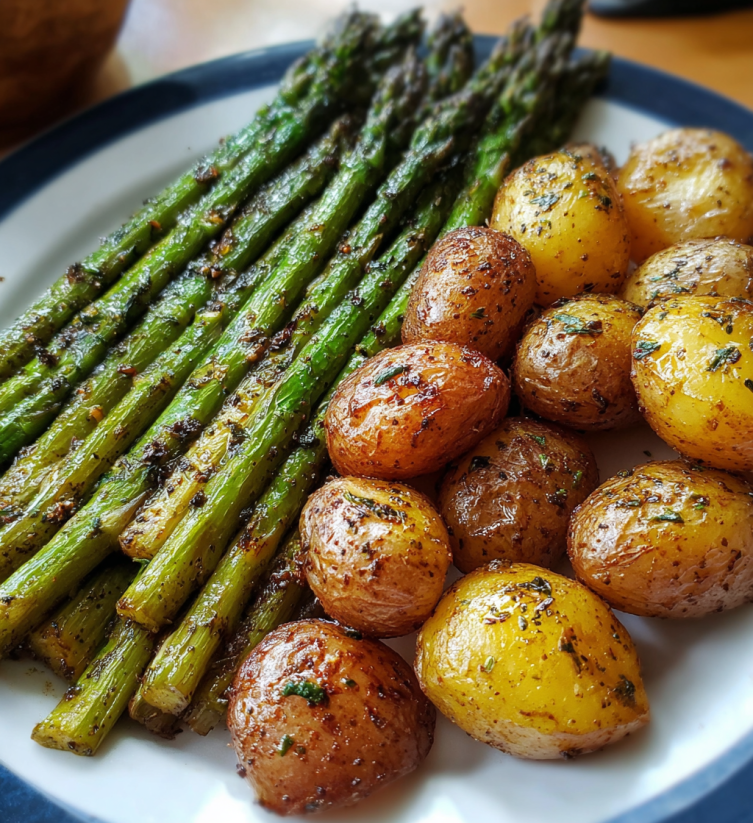 A plate of roasted asparagus and potatoes.