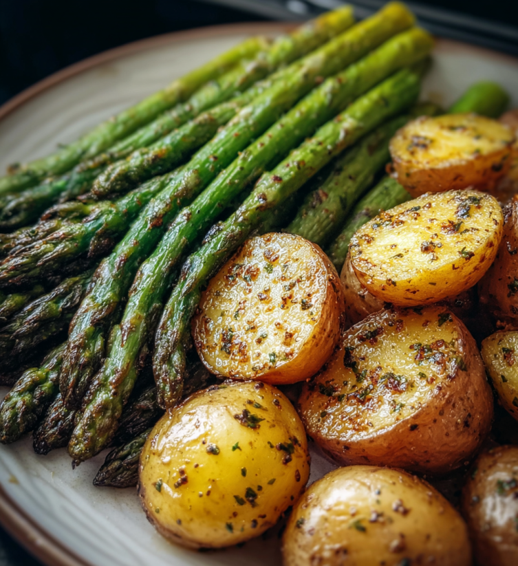 A plate of roasted asparagus and potatoes.