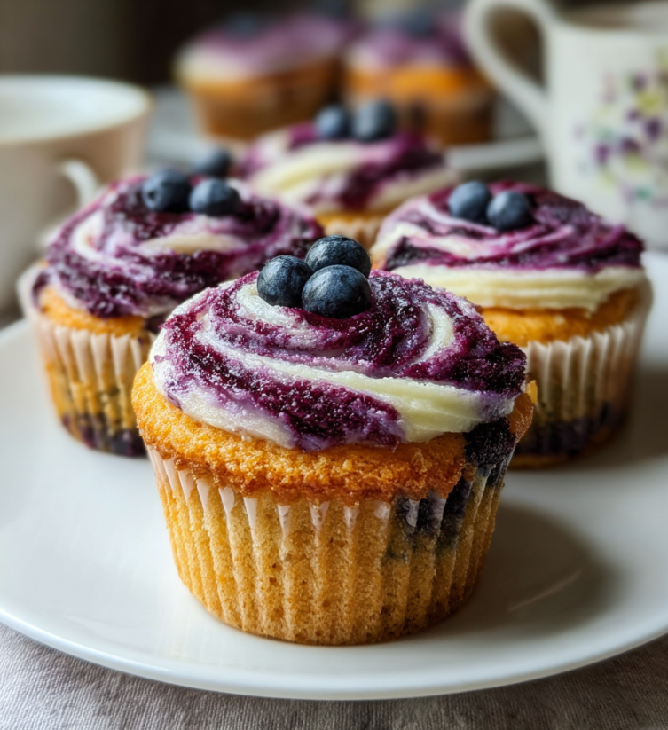 A plate with three cupcakes on it.