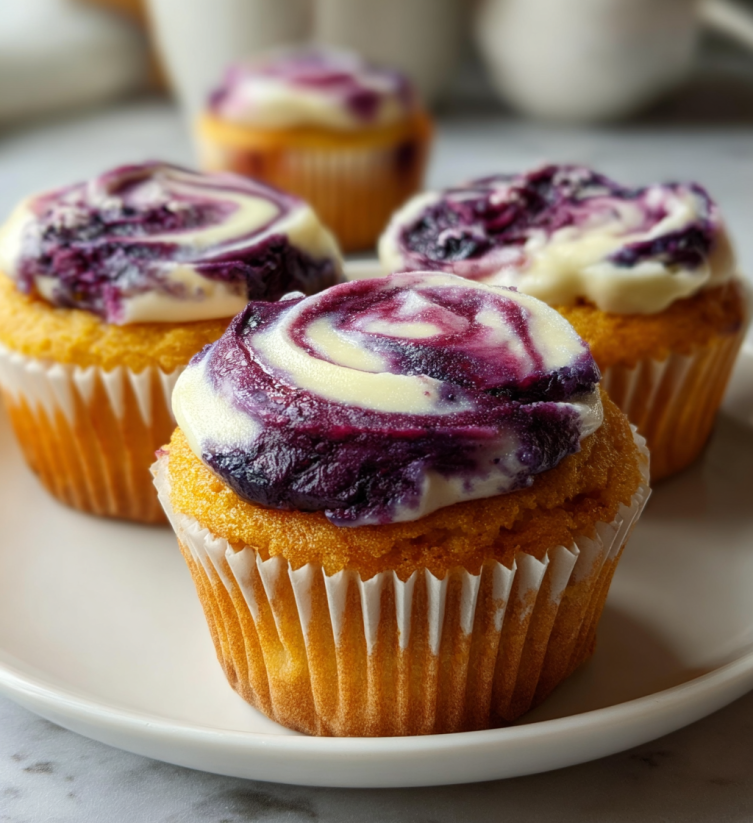 A plate with 3 cupcakes on it.
