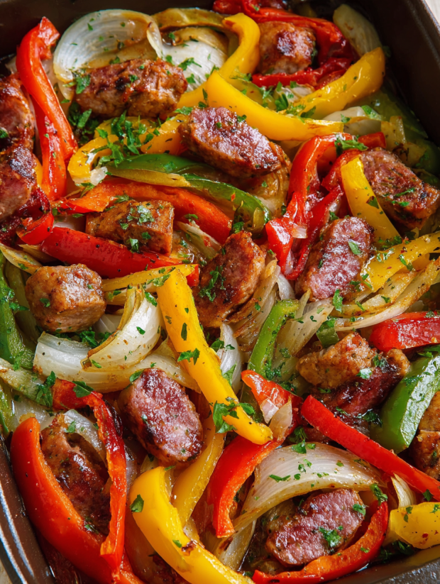 Sausage and peppers in a pan.