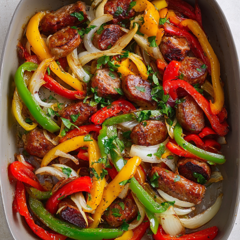 A dish of sausage and peppers.