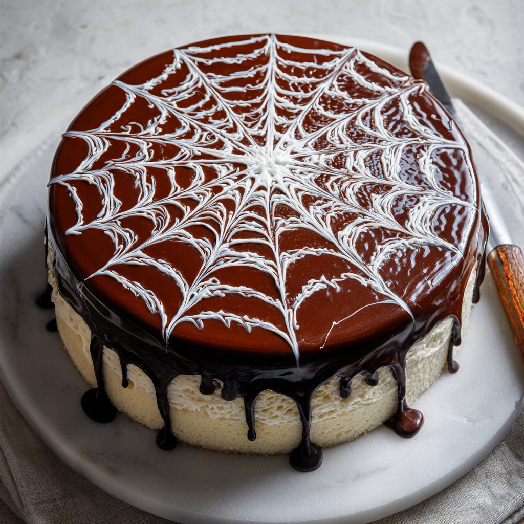 A chocolate cake with white frosting and a spider web design.