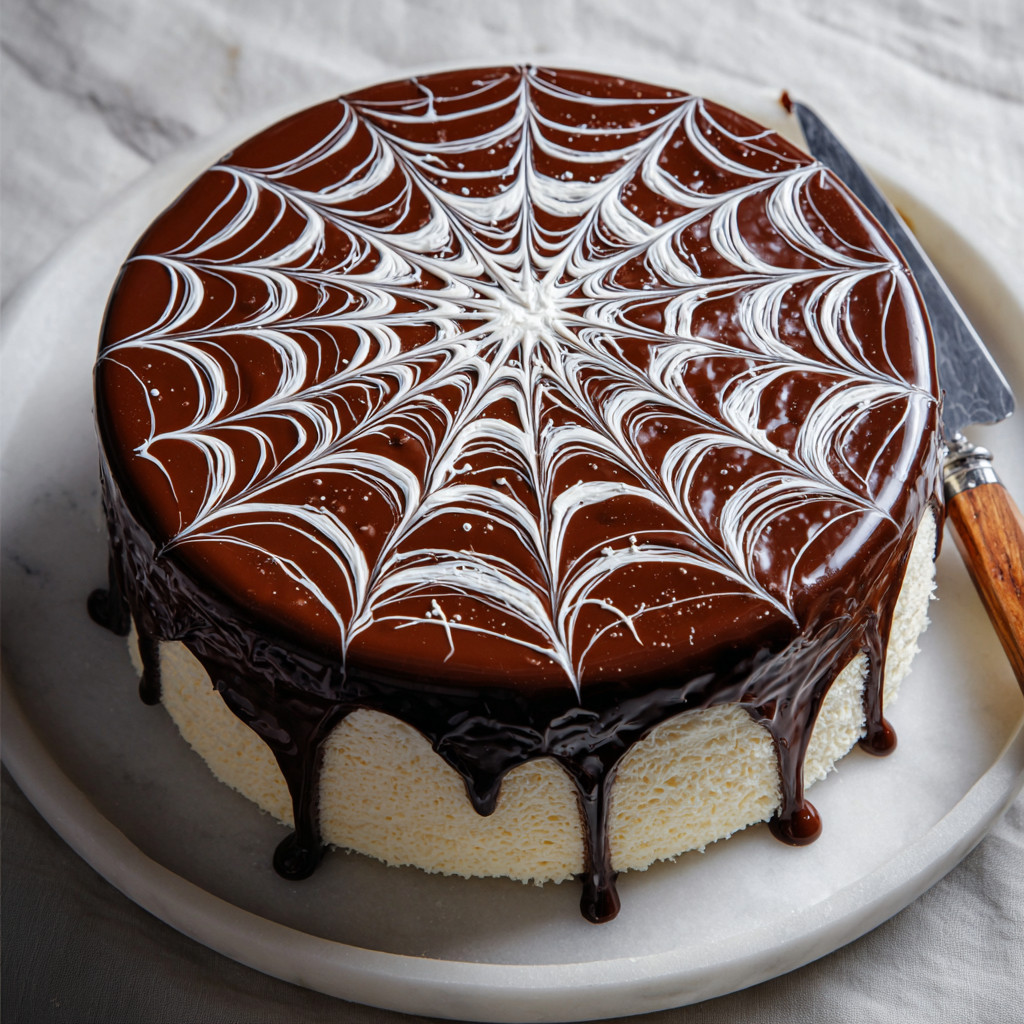 A chocolate cake with white frosting and a spider web design.