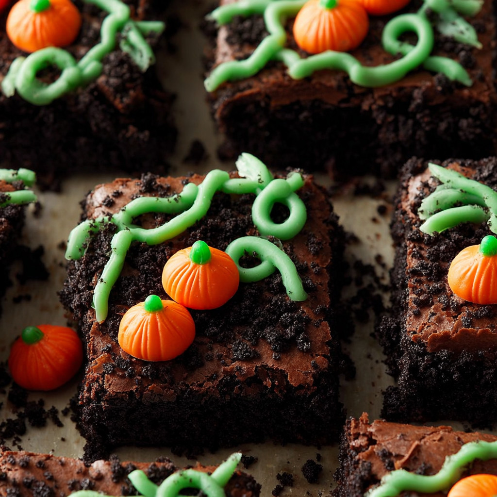 A close up of a pumpkin patch brownie.