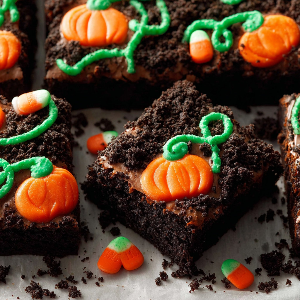 A close up of a pumpkin patch brownie.