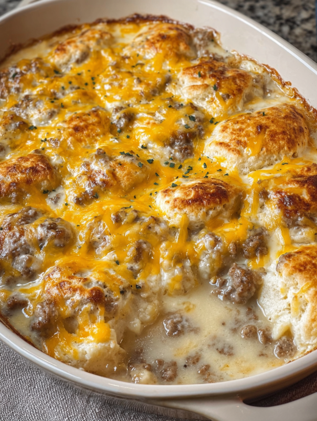 A casserole with biscuits and sausage gravy.