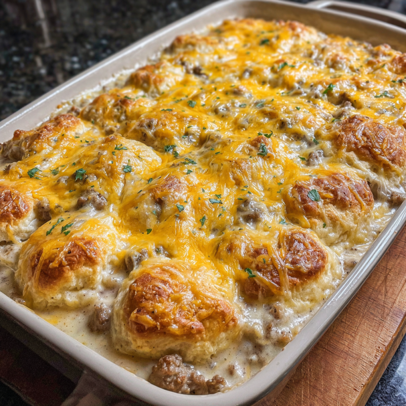 A casserole dish filled with biscuits and sausage gravy.